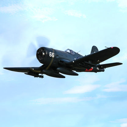 FMS 1700mm F4U Corsair V3 PNP RC airplane in flight with number 66 on the nose.