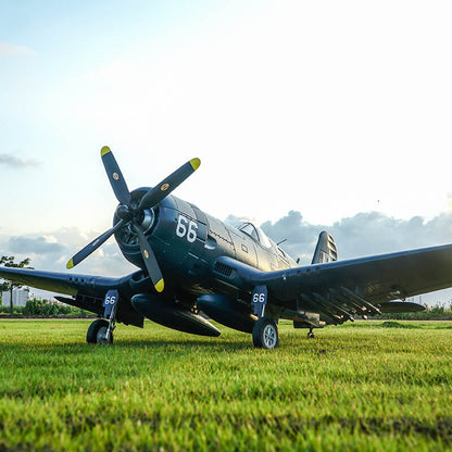 FMS 1700mm F4U Corsair V3 PNP model airplane on grass, featuring blue paint and '66' markings.