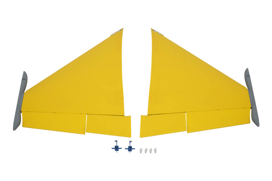 80mm Rafale Main Wing Set: Yellow RC jet wings with stabilizers.