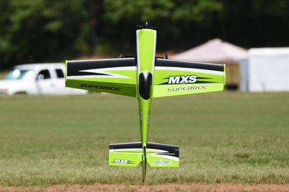 FMS 1100mm MXS V2 PNP green aerobatic RC airplane with black accents and 'MXS SUPERROC' branding.
