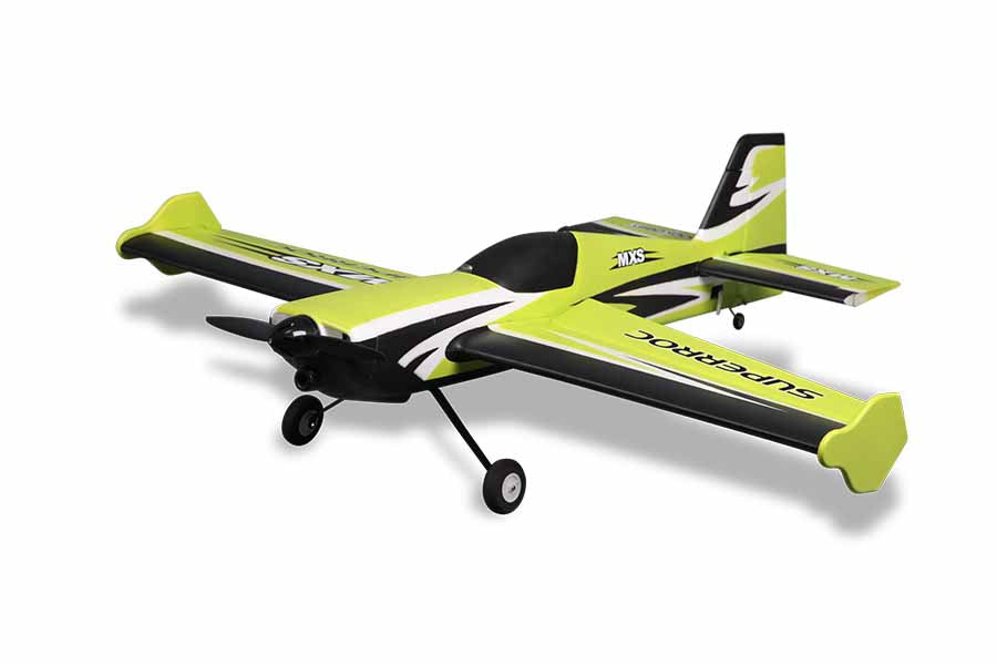 FMS 1100mm MXS V2 PNP Green RC aerobatic airplane with lime green, black, and white design and 'SUPERROC' text on wings.
