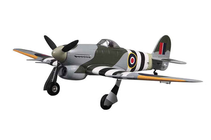 FMS 1100mm Typhoon PNP model airplane, British warbird with green, grey, and black camouflage, and white stripes.