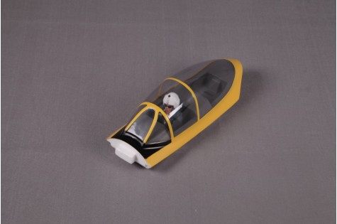 Yellow RC airplane model with clear cockpit and pilot figure