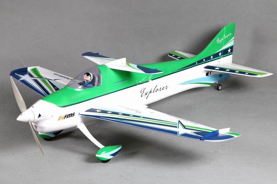 FMS 1020mm F3A Explorer PNP model airplane with green and white livery, featuring 'Explorer' text and star accents.