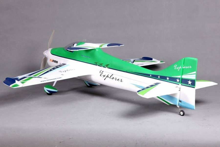 FMS 1020mm F3A Explorer PNP aerobatic model airplane, white and green with 'Explorer' text.