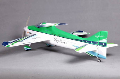 FMS 1020mm F3A Explorer PNP aerobatic model airplane, white and green with 'Explorer' text.