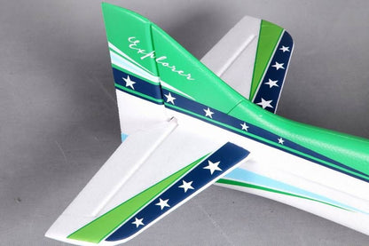 FMS 1020mm F3A Explorer PNP model airplane tail with green, white, and blue star accents.