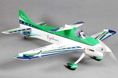 FMS 1020mm F3A Explorer PNP aerobatic RC airplane, white with green and blue accents