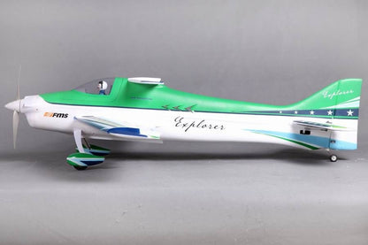 FMS 1020mm F3A Explorer PNP aerobatic RC airplane, white with green accents, featuring 'Explorer' text.