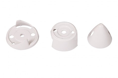 Three white spinner parts for RC airplane models