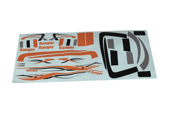 850mm Ranger decal sheet with logos and graphic designs in orange and black.
