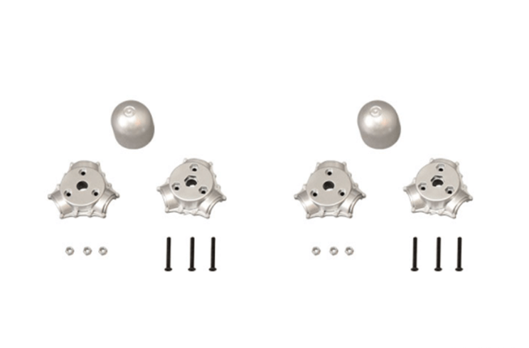 Silver RC model spinner parts with screws and mounting hardware