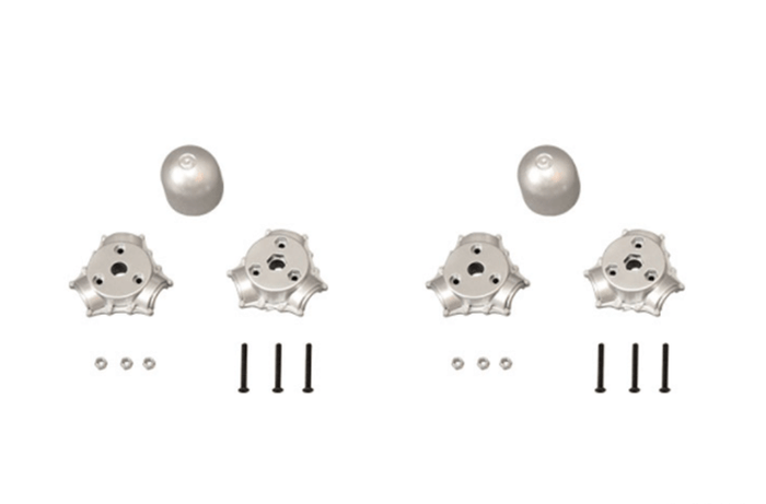 Silver RC model spinner parts with screws and mounting hardware