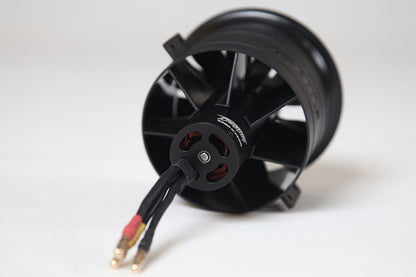 80mm ducted fan with sleek black design and visible motor wire connectors for RC applications.