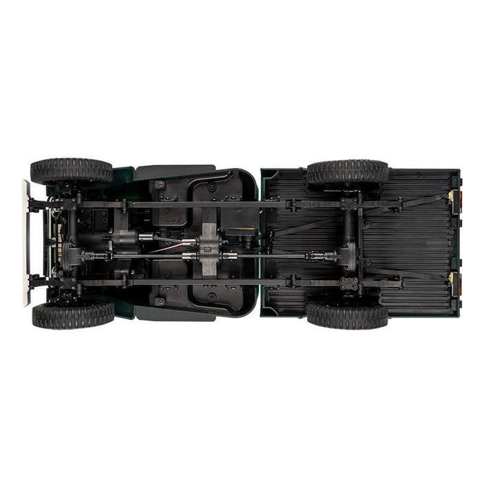FMS 1:12 TOYOTA FJ45 Pickup Truck chassis and drivetrain detail. Green truck bottom view.