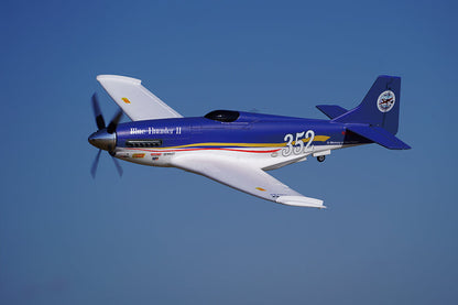 FMS 1100mm P-51 Mustang V2 PNP "Blue Thunder II" RC plane, #352, in flight. Blue/white livery, clear blue sky.