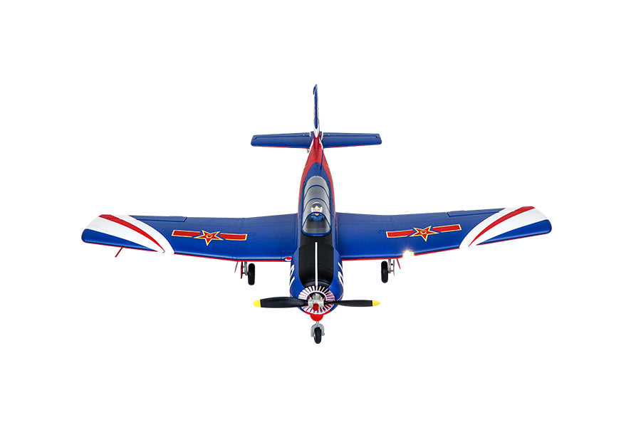 FMS 1200mm CJ6 PNP RC airplane with blue, red, and white PLAAF demonstration team livery, featuring red stars on wings.