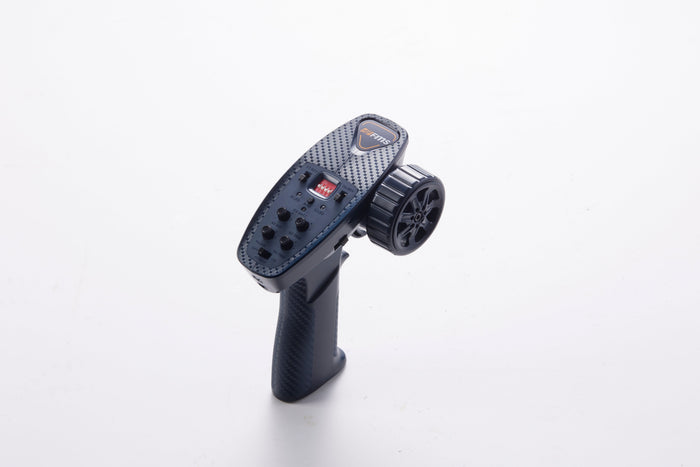 Remote control transmitter for RC vehicles with buttons and steering wheel