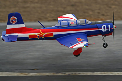 FMS 1200mm CJ-6 V2 PNP airplane, blue red white trim, gold star decal, with landing gear extended.