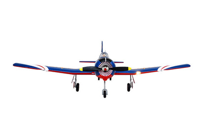 FMS 1200mm CJ-6 V2 PNP aircraft, red, blue, white, yellow accents, retractable landing gear, pilot figure.