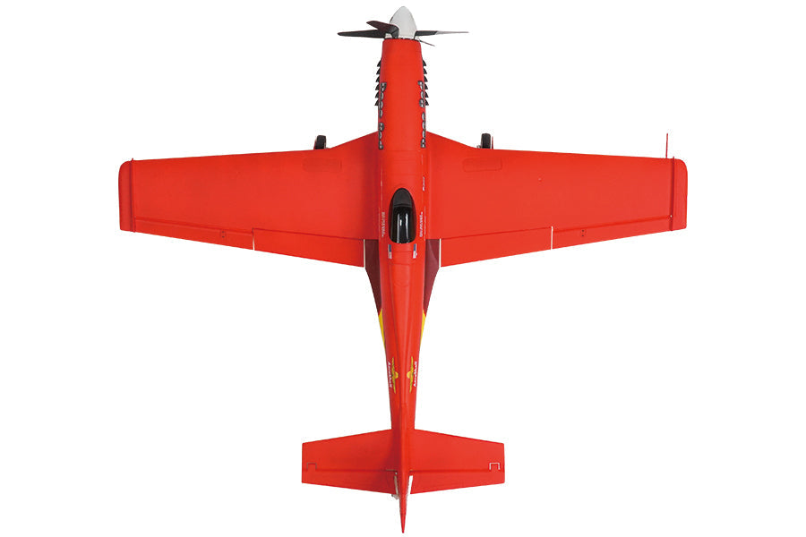 FMS 1100mm P-51 Mustang V2 PNP red RC airplane, top view with four-bladed propeller and scale details.