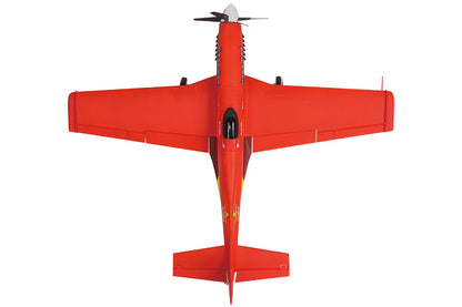 FMS 1100mm P-51 Mustang V2 PNP red RC airplane, top view with four-bladed propeller and scale details.