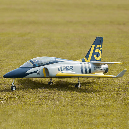 FMS 70mm Viper V2 PNP EDF jet with blue and yellow scheme on grass