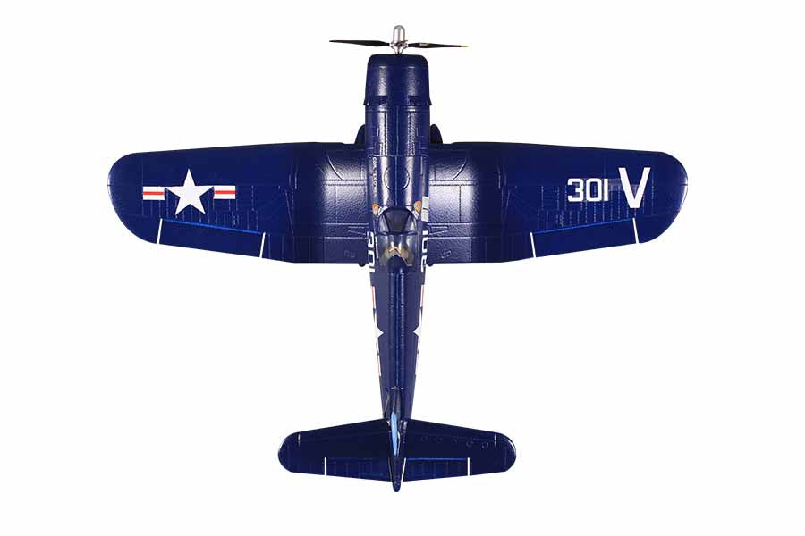 FMS 800mm F4U Corsair V2 RC airplane, blue, US Navy markings, four-blade propeller, detailed cockpit.