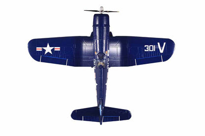 FMS 800mm F4U Corsair V2 RC airplane, blue, US Navy markings, four-blade propeller, detailed cockpit.