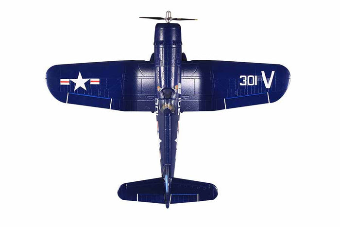 FMS 800mm F4U Corsair V2 RC airplane, blue, US Navy markings, four-blade propeller, detailed cockpit.