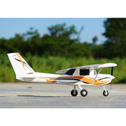 FMS 850mm Ranger RC airplane, white with orange accents, PNP/RTF model with tricycle landing gear.