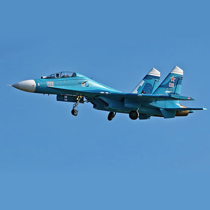 FMS SU-27 fighter jet in flight showcasing detailed blue and white livery