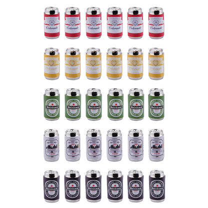 Collection of 6 mini beer cans featuring assorted labels and colors for themed decor.