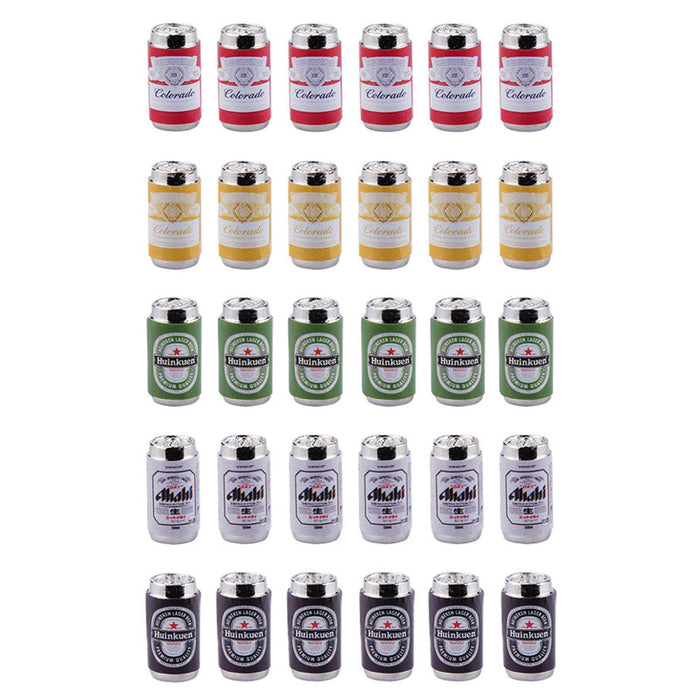 Collection of 6 mini beer cans featuring assorted labels and colors for themed decor.
