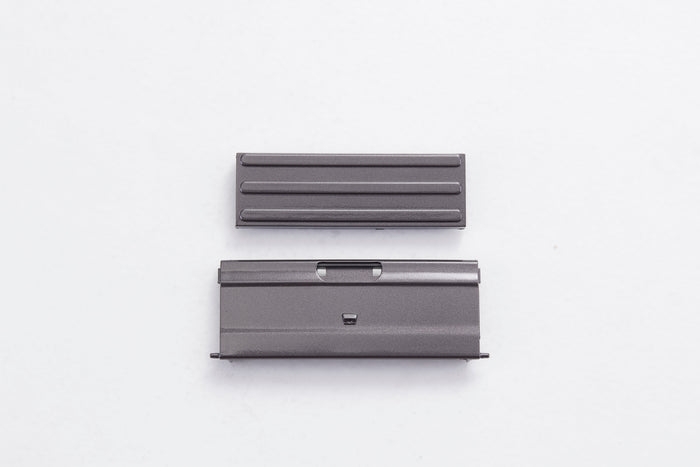 1/18 Cheyenne rear door components: metal, grooved panel, slotted base with latch.