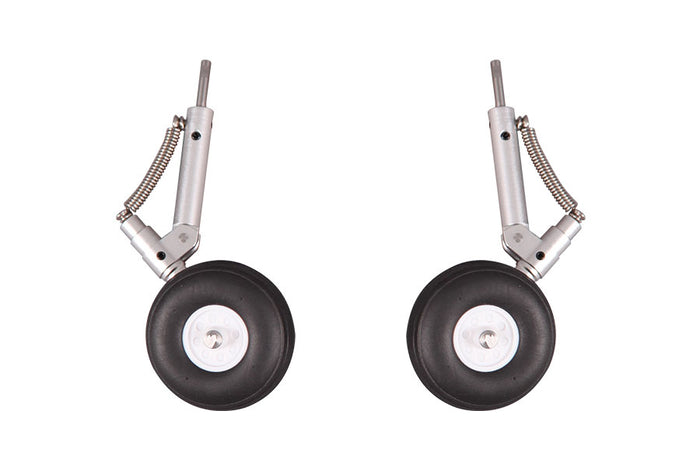 70mm main landing gear set for RC airplanes with metal struts and durable wheels.