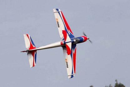 FMS 1400mm F3A Olympus PNP aerobatic RC airplane in flight, white with red and blue graphics.