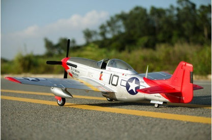 Silver FMS 1450mm P-51D Red Tail V8 RC airplane with red tail and wings, featuring the number 10 and a star emblem.