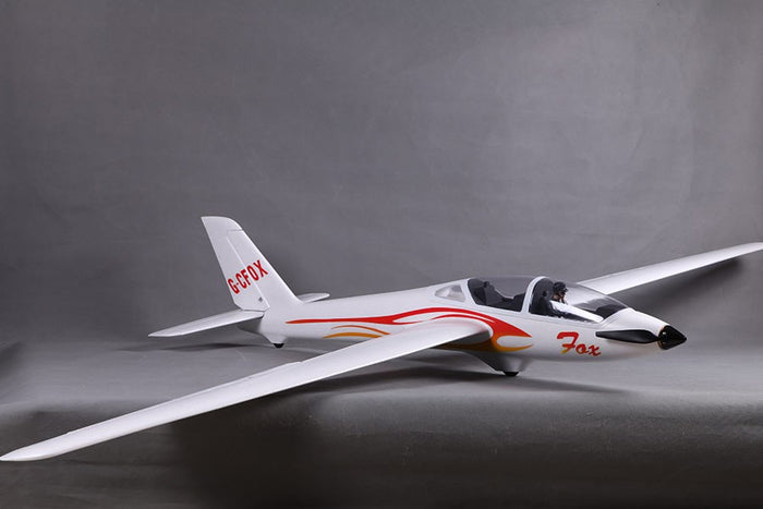 FMS 2300mm FOX V2 Glider PNP RC airplane with flame decals and "Fox" text.