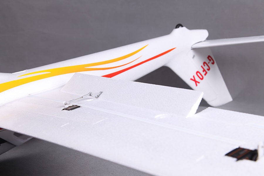 FMS 2300mm FOX V2 Glider PNP white foam wing with deployed flap and G-CFOX tail marking