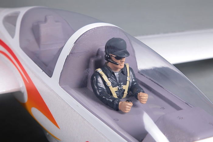 FMS 2300mm FOX V2 Glider PNP model pilot figure in cockpit with detailed controls and flame decals.
