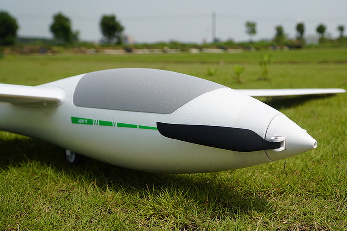 FMS 2500mm ASW-17 EP Glider PNP, white EPO foam glider with grey canopy and green ASW 17 branding.