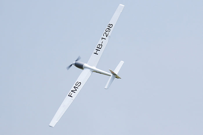 FMS 2500mm ASW-17 EP Glider PNP in flight, featuring 'FMS' and 'HB-1298' markings on wings.