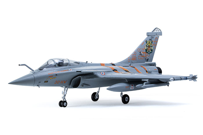FMS 64mm Rafale jet model with NATO Tiger Meet livery, featuring orange tiger stripes and a tiger graphic on the tail.