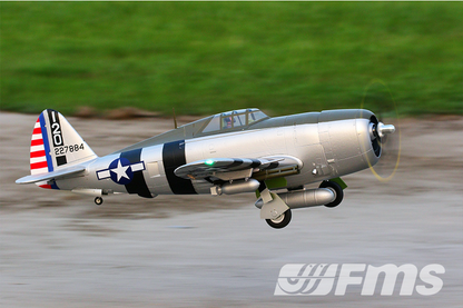 FMS 1500mm P-47 Thunderbolt Bonnie PNP RC airplane in flight with detailed markings and landing gear extended.