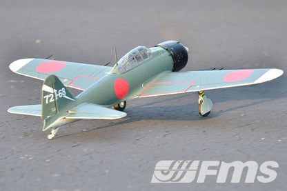 FMS 1100mm A6M5 Zero scale model airplane, grey-green with red insignias and '72-68' tail marking.