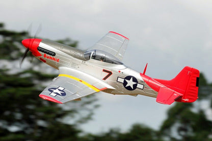 FMS 1700mm P-51D Red Tail PNP model in flight. Silver, red tail, yellow stripes, 'BUNNIE' text.