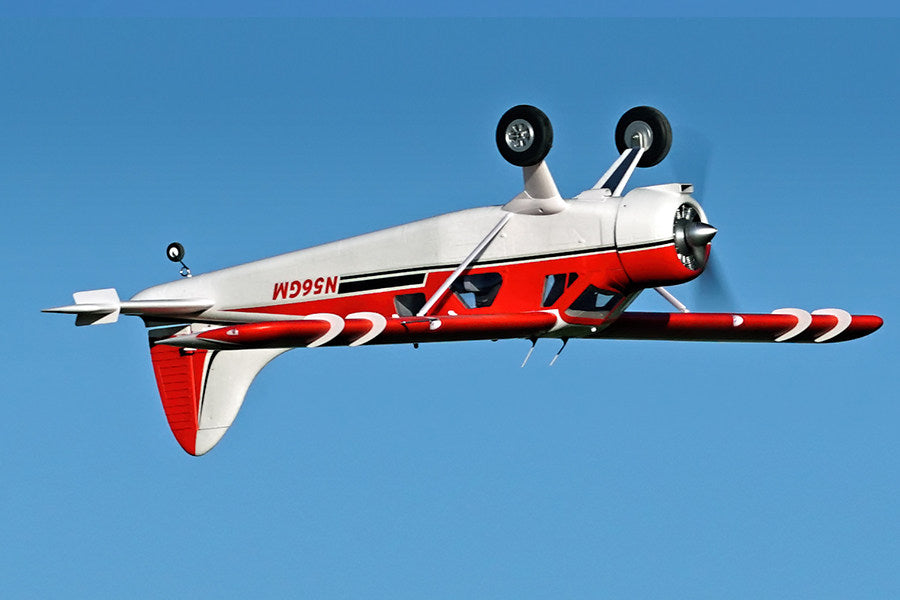 FMS 2000mm Beaver V2 seaplane in red and white flying upside down, with N56GM registration.