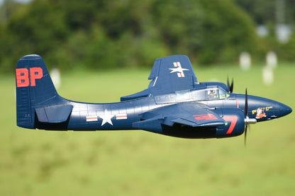 FMS 1700mm F7F Tigercat Blue PNP model aircraft flying with 'BP' tail marking and red '7'.