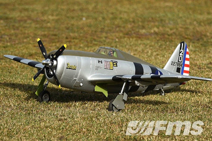 FMS 1500mm P-47 Thunderbolt Bonnie PNP RC airplane with scale detail, propeller, and landing gear on grass.